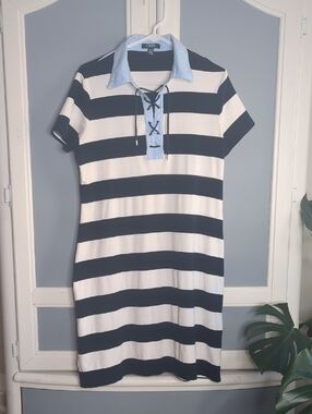 Chaps Navy and White Striped Polo Dress with Light Blue Chambray Collar